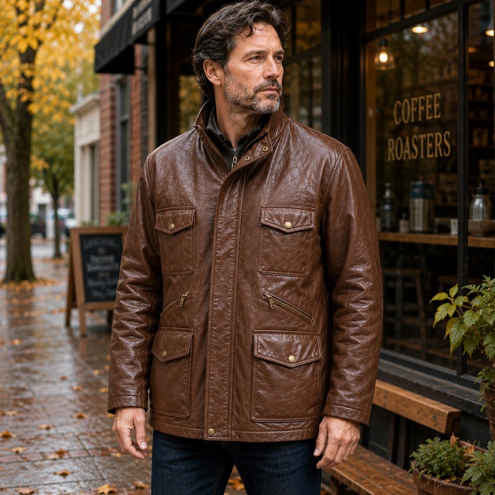 Vintage Y2K Duke Haband Brown Leather Field Jacket Men's XL Multi Pocket